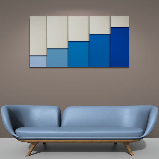 Cuadro decorativo minimalista con figuras rectangulares en tonos azules y beige.
