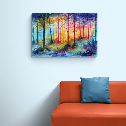 cuadro decorativo representando un paisaje al atardecer con un lago tranquilo, flores blancas en una orilla y altos árboles en la otra