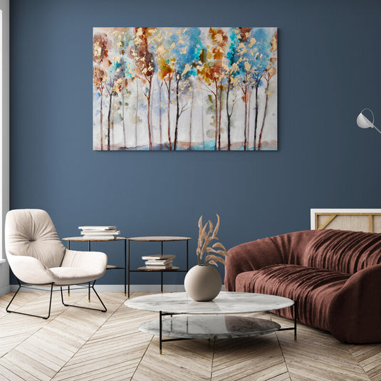 Cuadro_decorativo_abstracto_estilo_acuarela_combinación_café_y_azul_con_troncos_de_árboles_delgados