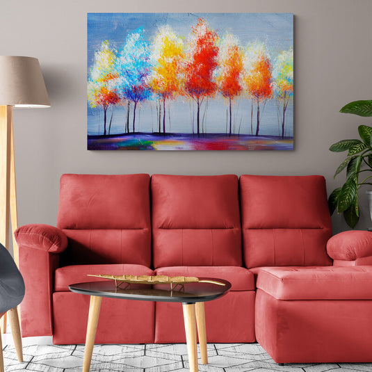 Cuadro Decorativo de Bosque Vibrante con Árboles Altos de Colores Variados sobre Fondo y Suelo Azul