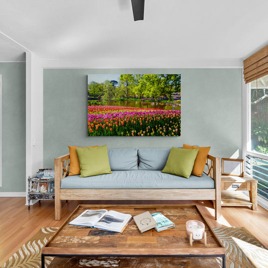 Jardín de tulipanes multicolores junto a un lago en día soleado