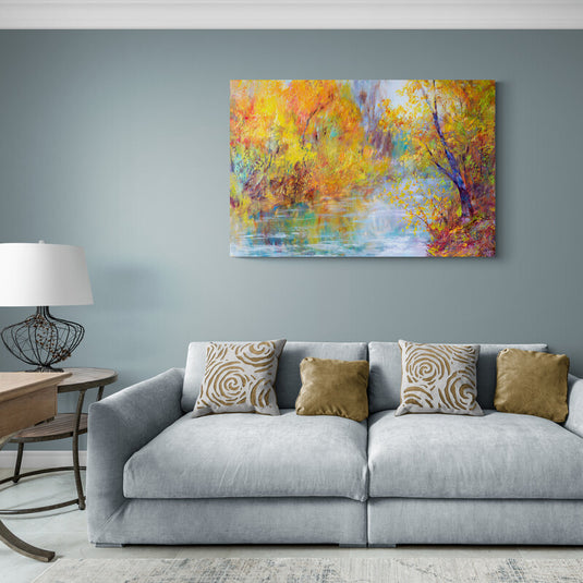 Acuarela_Paisaje_Lago_Y_Flores_Amarillas_Y_Naranjas_Cuadro_Decorativo