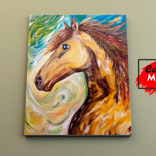 Cuadro expresivo de un caballo en tonos dorados y verdes