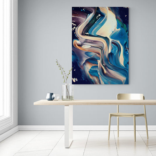 Cuadro abstracto moderno Fluid Painting con tonos de azul, blanco y beige