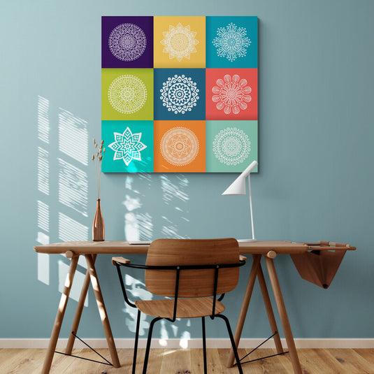 Mandalas geométricos en colores vivos dispuestos en grilla 3x3
