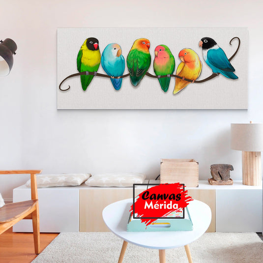 Cuadro decorativo: Pájaros en rama con variedad de colores sobre fondo blanco