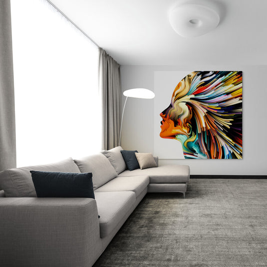 Arte moderno abstracto con rostro de perfil y explosión de colores para decoración contemporánea e inspiradora