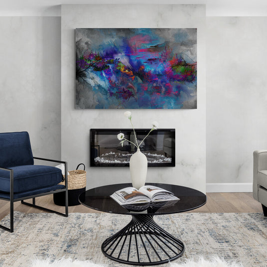 Cuadro abstracto en tonos azul y morado con texturas oscuras