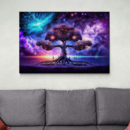 Psicodélica_Arte_Fotográfica_de_Árbol_Morado_y_Galaxia_Turquesa_en_Cielo_con_Detalles_en_Blanco_y_Visibles_Raíces