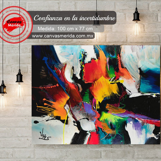 Cuadro abstracto colorido titulado "Confianza en la incertidumbre", pintura expresiva con brochazos en rojo, naranja, azul y negro sobre fondo claro.