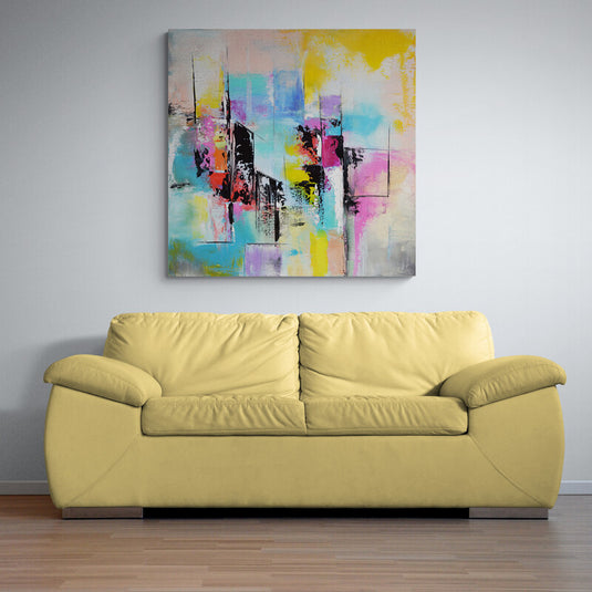 Pintura abstracta con colores pastel y trazos urbanos