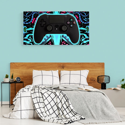 "Controlador PlayStation con fondo neon cyberpunk"