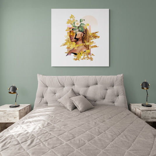 Cuadro decorativo Cool Woman – arte moderno digital con mujer y flores doradas para dormitorio o sala contemporánea