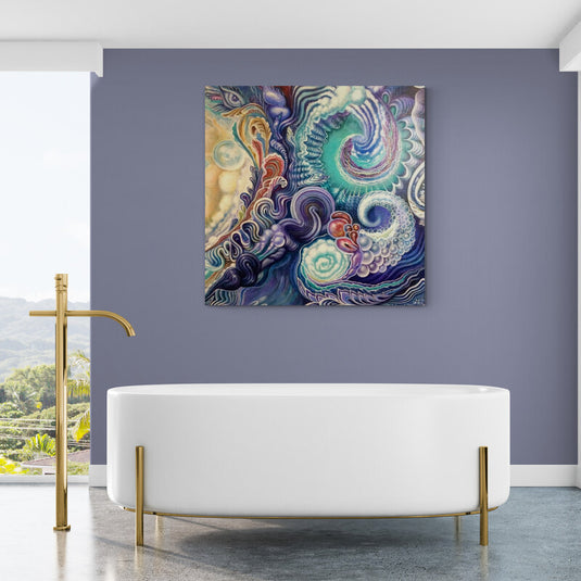 Pintura abstracta que evoca un paisaje submarino psicodélico