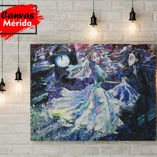 Cuadro de Victor y Emily de El Cadáver de la Novia con estilo expresionista, colores vibrantes y fondo nocturno.