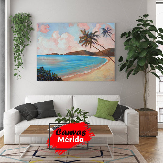 Pintura al óleo de playa tranquila al atardecer con palmeras y cielo rosado