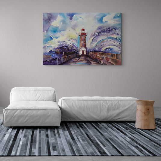 Acuarela de faro con olas y cielo tormentoso en colores vivos