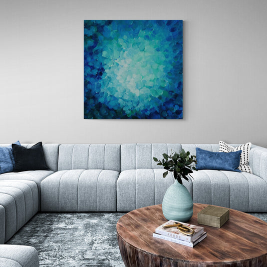 Pintura abstracta en tonos azules y verdes