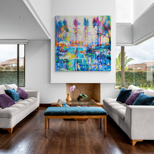 Cuadro Decorativo Abstracto Representando un Lago con Árboles Grandes y Altos en Tonos Fucsia, Azul, Verde, Rojo y Naranja"