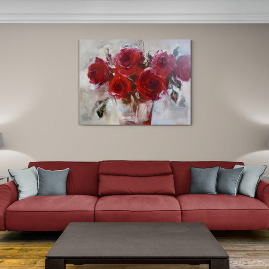 Pintura abstracta de un ramillete de rosas rojas en acuarela y óleo sobre lienzo