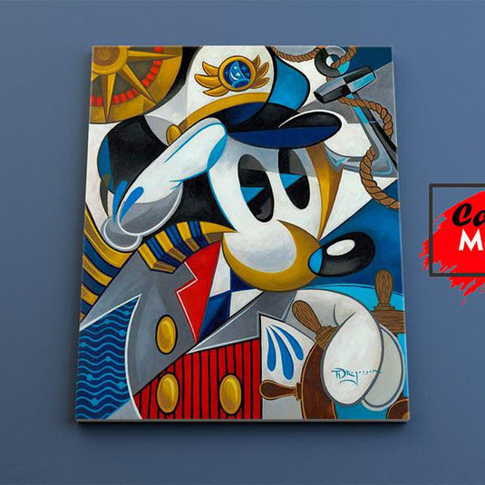 Cuadro decorativo cubista de capitán marinero estilo moderno con tonos azules, rojos y dorados