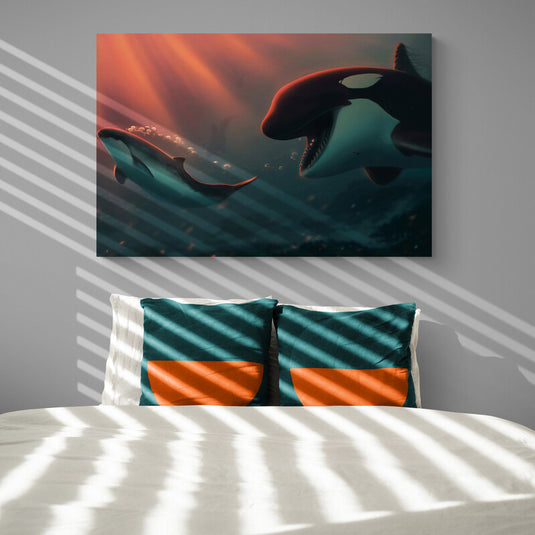 Ilustración de dos orcas nadando en aguas profundas al atardecer