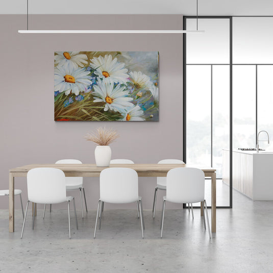 Pintura realista de margaritas blancas con detalles en tonos pastel