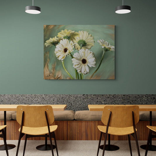 Pintura al óleo realista de gerberas blancas sobre fondo verde