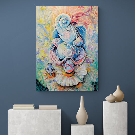 Elefante espiritual en un jardín de flores y mariposas con colores pastel.