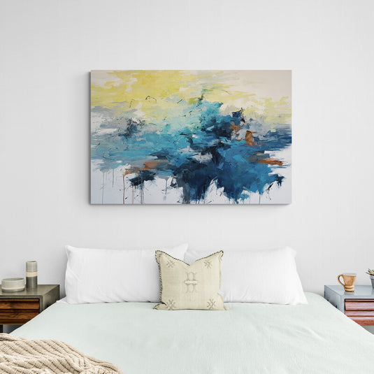Cuadro abstracto moderno con azules, amarillos y blancos