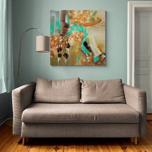 Pintura abstracta con colores terrosos y detalles en turquesa.