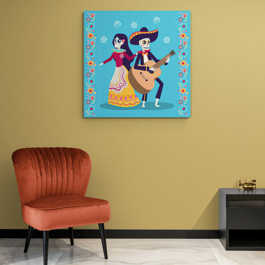 Ilustración colorida de una pareja de Catrines mexicanos con motivos florales