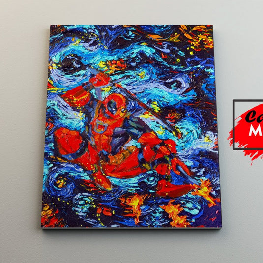 Cuadro decorativo de Deadpool estilo Van Gogh con colores intensos y pinceladas expresivas