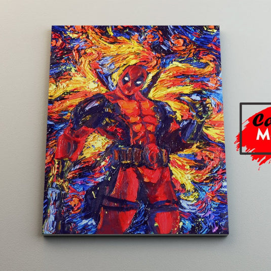 Cuadro decorativo de Deadpool estilo Van Gogh con trazos expresionistas y fondo cósmico