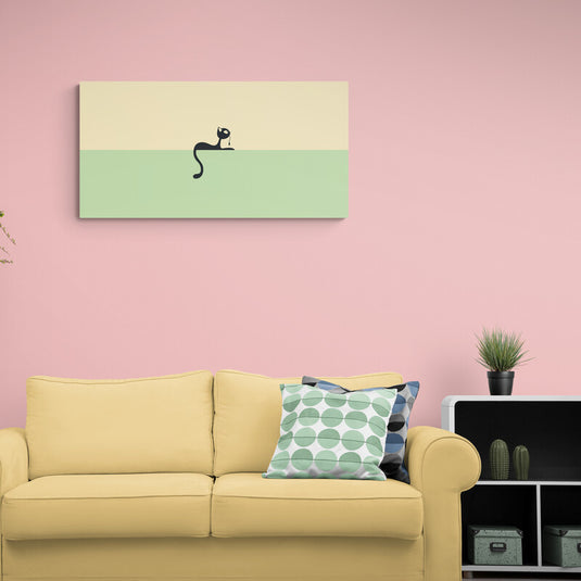 Cuadro Decorativo con Gato Negro Centrado sobre Fondo Bicolor Verde y Amarillo Paste