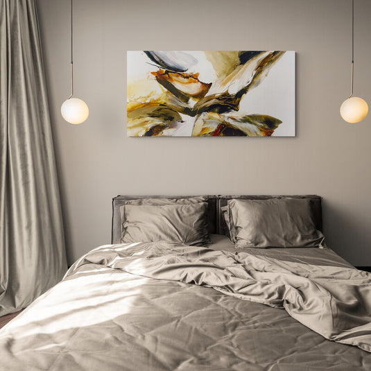 Cuadro abstracto moderno con tonos tierra y pinceladas dinámicas. Decoración de pared para dormitorio.