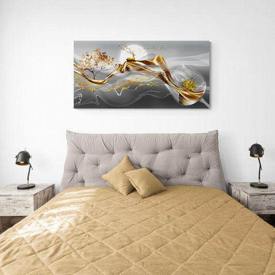 Cuadro decorativo minimalista: Rama dorada y venado sobre fondo gris