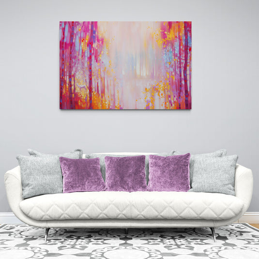 Cuadro_decorativo_abstracto_arboles_vibrantes_fucsia_rosa_amarillo_naranja_azul