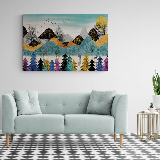 Cuadro_decorativo_montañas_y_pinos_estilo_pop_colores_vibrantes