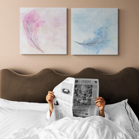 Set de cuadros acuarela: Pluma ligera en fondos rosa y azul