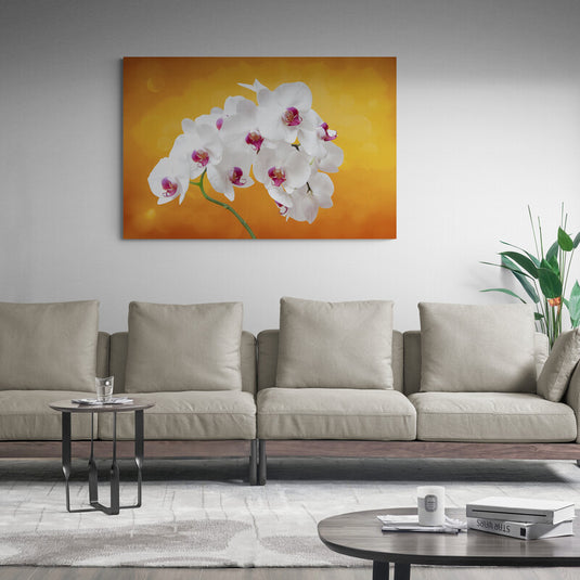 Fotografía de orquídeas blancas con centro púrpura y fondo dorado.