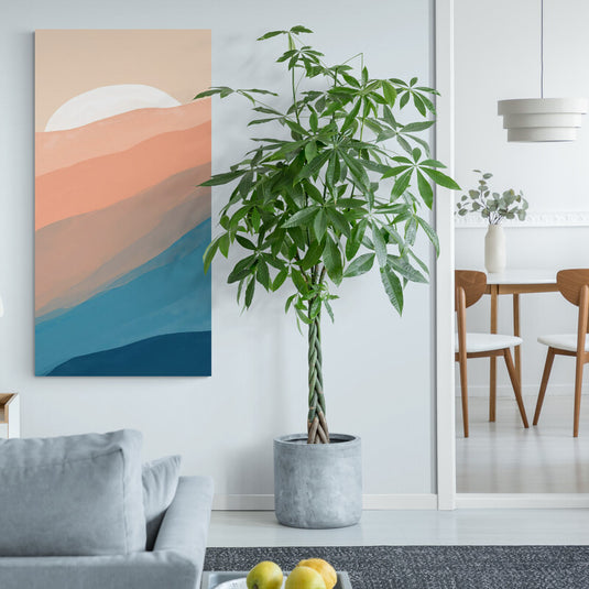 Abstracto paisaje de tonos pastel con sol o luna blanca - transición cromática de desierto a océano