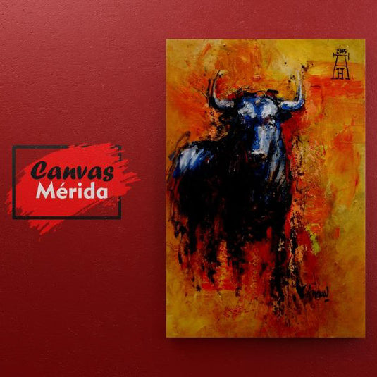 Cuadro expresivo de un toro sobre fondo ardiente