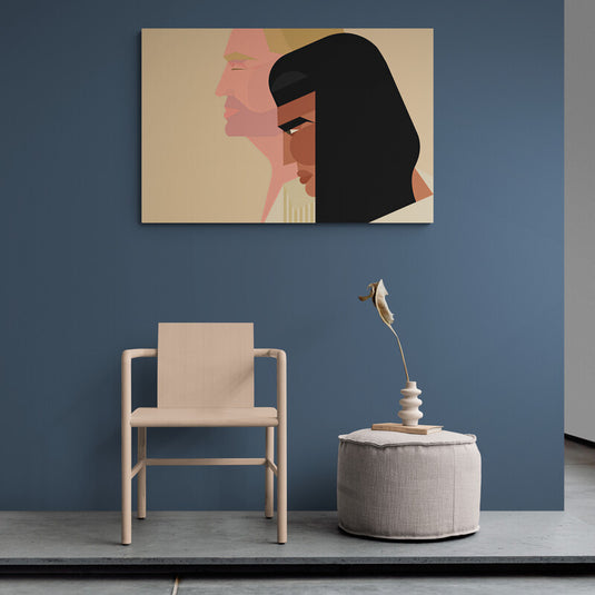 Perfiles humanos superpuestos en arte geométrico con paleta de colores neutros