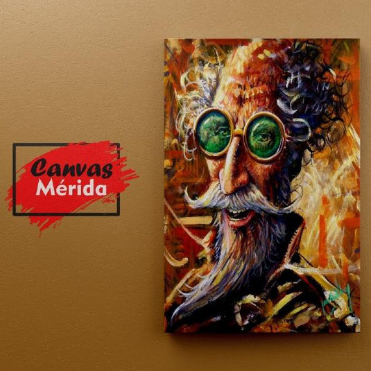 Retrato caricaturesco de anciano con gafas verdes y bigote – arte colorido y expresivo | Canvas Mérida
