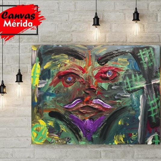 Cuadro abstracto de Don Quijote con colores intensos y molinos estilizados.