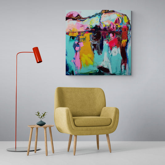 Pintura abstracta colorida con tonos vibrantes y pinceladas dinámicas.