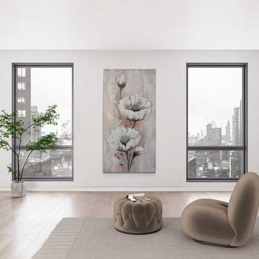 Pintura de dos amapolas blancas sobre fondo neutro texturizado