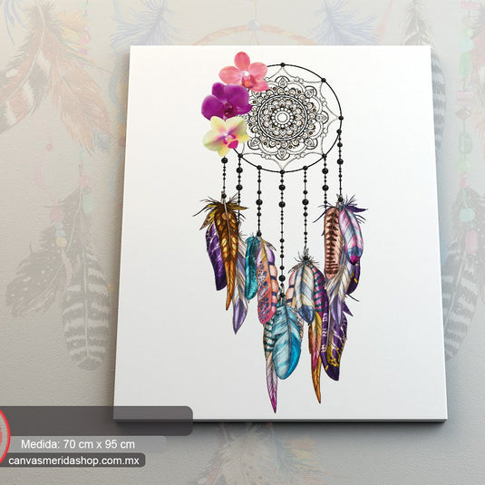 "Atrapasueños detallado con mandala, plumas multicolores y flores tropicales