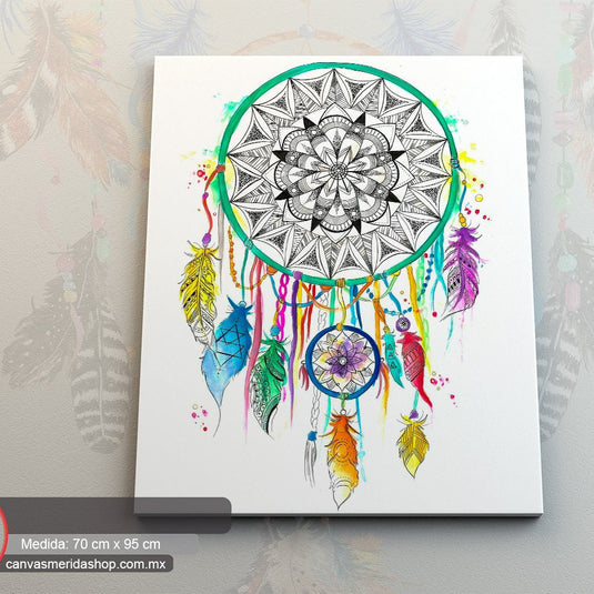 Atrapasueños vibrante con mandala central y plumas coloridas